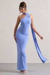 Pale Blue One Shoulder Backless Maxi Dress With Scarf