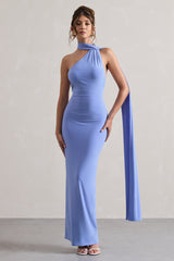 Pale Blue One Shoulder Backless Maxi Dress With Scarf