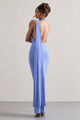 Pale Blue One Shoulder Backless Maxi Dress With Scarf