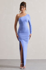 Pale Blue Asymmetric Ruched One-Sleeve Maxi Dress