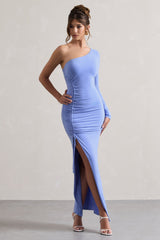 Pale Blue Asymmetric Ruched One-Sleeve Maxi Dress