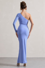 Pale Blue Asymmetric Ruched One-Sleeve Maxi Dress
