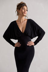 Black Draped Plunge-Neck Maxi Dress