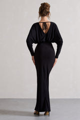 Black Draped Plunge-Neck Maxi Dress