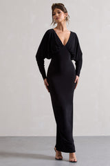 Black Draped Plunge-Neck Maxi Dress