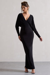 Black Draped Plunge-Neck Maxi Dress