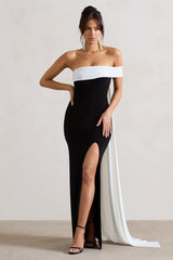 Black & White Bardot Split Maxi Dress With Drape