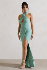Sage Halter-Neck Cut-Out Split Maxi Dress With Flowers