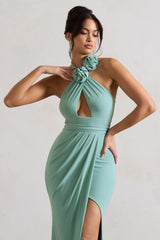 Sage Halter-Neck Cut-Out Split Maxi Dress With Flowers