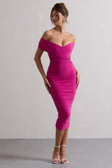 Dark Pink Ruched Twist Bardot Midi Dress