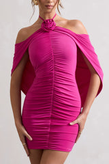 Dark Pink Ruched Halter-Neck Draped Mini Dress With Corsage