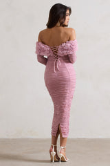Pink Mesh Ruched Floral Bardot Lace-Up Midi Dress