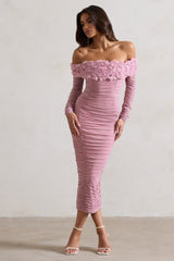 Pink Mesh Ruched Floral Bardot Lace-Up Midi Dress