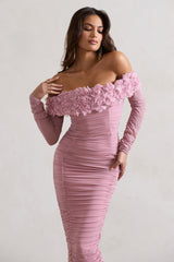 Pink Mesh Ruched Floral Bardot Lace-Up Midi Dress