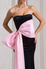 Black Velvet Bandeau Split Maxi Dress With Oversized Pink Bow