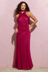 Dark Pink Chiffon Halter-Neck Maxi Dress With Corsages