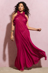 Dark Pink Chiffon Halter-Neck Maxi Dress With Corsages