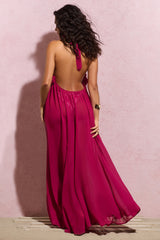 Dark Pink Chiffon Halter-Neck Maxi Dress With Corsages
