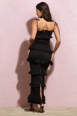 Black Broderie Strappy Ruffled Maxi Dress