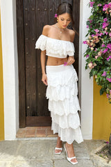 White Broderie Ruffled Tiered Maxi Skirt