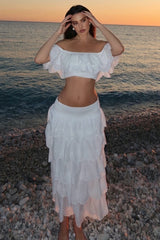 White Broderie Ruffled Tiered Maxi Skirt