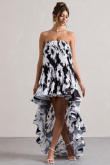 Monochrome Floral Chiffon Bandeau High-Low Ruffled Maxi Dress