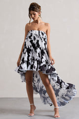 Monochrome Floral Chiffon Bandeau High-Low Ruffled Maxi Dress