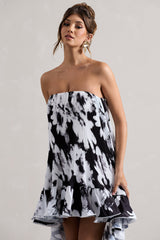 Monochrome Floral Chiffon Bandeau High-Low Ruffled Maxi Dress