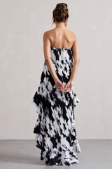 Monochrome Floral Chiffon Bandeau High-Low Ruffled Maxi Dress