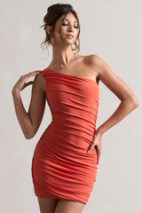 Orange Ruched One Shoulder Mini Dress