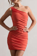 Orange Ruched One Shoulder Mini Dress