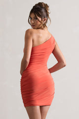Orange Ruched One Shoulder Mini Dress