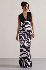 Zebra Print Satin Ruched V-Neck Maxi Dress