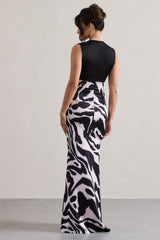 Zebra Print Satin Ruched V-Neck Maxi Dress