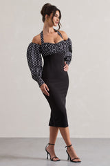Black & White Polka Dot Halter-Neck Puff Sleeve Midi Dress