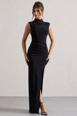 Black Ruched High-Neck Maxi Dress With Split
