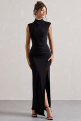 Black Ruched High-Neck Maxi Dress With Split