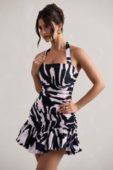 Zebra Print Halter-Neck Ruched Mini Dress With Ruffle Hem