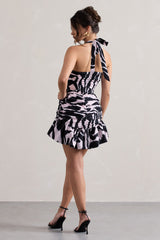 Zebra Print Halter-Neck Ruched Mini Dress With Ruffle Hem