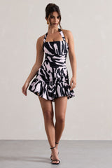 Zebra Print Halter-Neck Ruched Mini Dress With Ruffle Hem