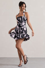 Zebra Print Halter-Neck Ruched Mini Dress With Ruffle Hem