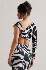 Zebra Print Ruched Asymmetric One-Sleeve Crop Top