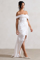 Cream Satin Bardot Maxi Dress With Detachable Skirt