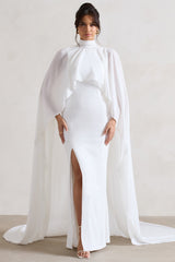 Cream Fishtail Split Maxi Dress With Chiffon Cape