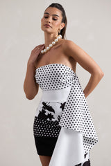 Multi Print Bandeau Mini Dress With Ruffled Side Drape