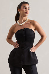Black Satin Strapless Button Front Corset Top