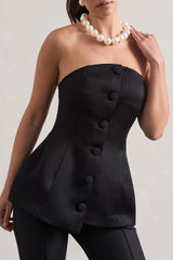 Black Satin Strapless Button Front Corset Top