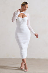 White Ruched Cut-Out Long-Sleeve Midi Dress