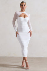 White Ruched Cut-Out Long-Sleeve Midi Dress