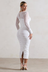 White Ruched Cut-Out Long-Sleeve Midi Dress